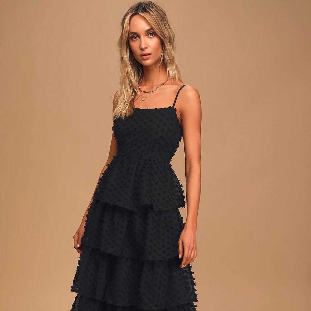 Flirting with You Black Tiered Pom Pom Midi Dress